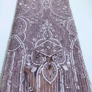 Tissu de dentelle de broderie pailletée en velours africain multicolore 2024 Tissu de dentelle de luxe pour robe de mariée