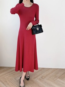 Gaun Midi Putri Duyung Elegan Baru, Model Slimming, Kerah O, Lengan Panjang, Rajutan Berhias Manik-Manik, Model A-Line, Gaya Kasual Polos untuk Musim Gugur - Product Image 6