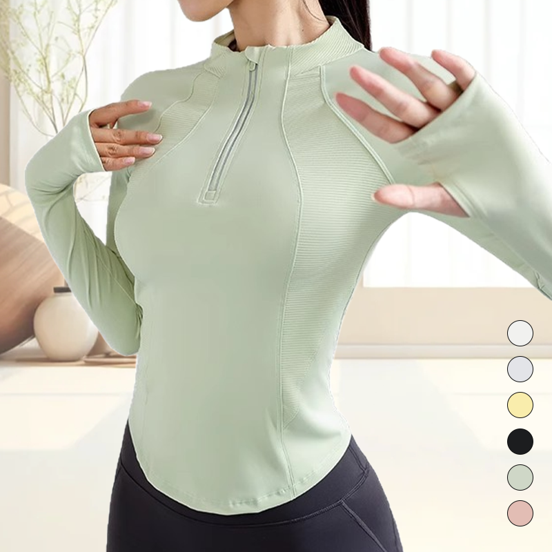 High Quality Breathable Stand Collar Half Zip Fitness Long Sleeves Crop Tops Finger Hole Yoga Training SKINNY Fit Jacket Front