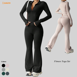 Ensemble de vêtements de sport pour femmes, haut de <span class=keywords><strong>yoga</strong></span> à manches longues avec fermeture éclair, leggings évasés taille haute, ensemble de vêtements de sport respirant à séchage rapide - Product Image 1