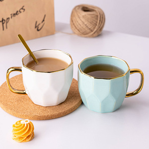 Tasse créative en céramique en forme de losange avec bord doré, couleur unie, pour café, thé, cadeau - Product Image 2