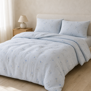 Three Piece Home Bedding Set with <strong>Small</strong> Botanical Print Pure Cotton <strong>Double</strong> Layer Gauze <strong>Duvet</strong> <strong>Cover</strong> and Two Pillowcases - Product Image 2