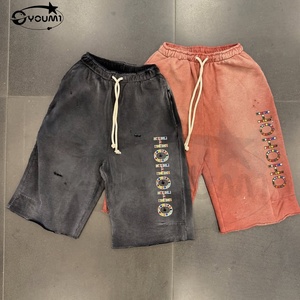 Shorts de jogging amples YOUMI personnalisés 100 % coton, style streetwear avec strass, délavage acide, pour homme - Product Image 1