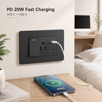 Prise murale noire standard US/Mexique 20A à 5 prises avec USB Type-C 20W à charge rapide, interrupteur d'alimentation universel SDK