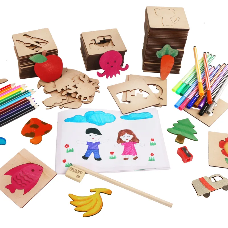 75 Pieces Children Wooden drawing toys A Set Of Tools, Can Doodle, Fill, Draw Creative Templates Educational Toys with box