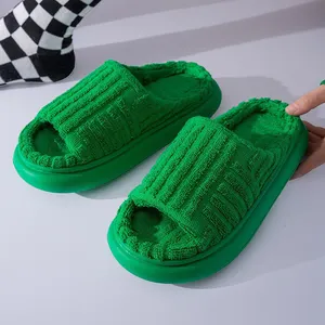 Custom Men Women Fashion Toweling Thick Sole Platform Home Open Toe Green Terry Towel Slippers Fashion Wholesale