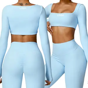 CCX8518 Running Gym Fitness Square Neck High Elastic Workout Long Sleeve Sports Yoga Crop Top For Women