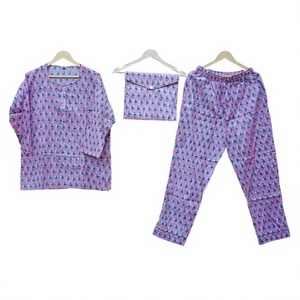 Ensemble de pyjama pour femmes en coton 100% imprimé floral, respirant, doux, manches longues, col élastique, taille élastique, vêtements de nuit décontractés, longueur complète, trois pièces - Product Image 1