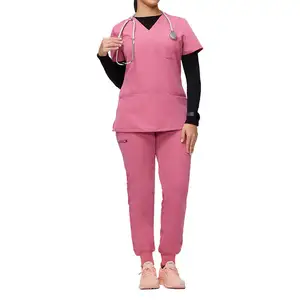 Nuevo producto Uniformes de hospital de manga corta rosa Un color rústico y encantador Batas de enfermería tejidas transpirables