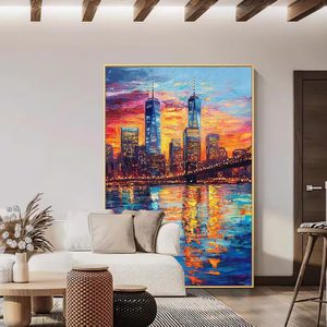 Quadro Paesaggistico Urbano Dipinto a Mano in Stile Art <span class=keywords><strong>D</strong></span>éco: Tramonto Vibrante e <span class=keywords><strong>Riflessi</strong></span> Cittadini su Tela Acrilica per Arredamento Soggiorno - Product Image 2