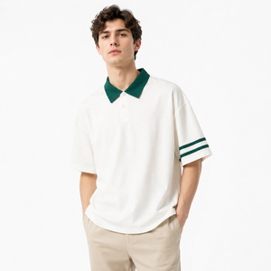 Polo blanc premium pour homme avec bordure contrastée, design personnalisé, logo OEM, 100% coton, épaules tombantes, polo décontracté pour homme - Product Image 2