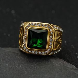 Anel Masculino Vintage de Aço Inoxidável Banhado a Ouro 18K com Pedra Preciosa Colorida Incrustada, Anel de Sinete com Letra AG, Joia Retrô <span class=keywords><strong>Punk</strong></span> Atacado - Product Image 3