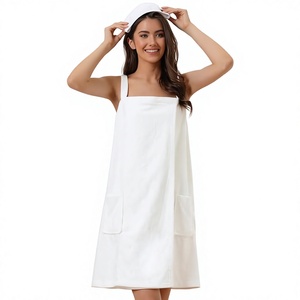 <b>White</b> Cotton Wearable Bath <b>Towel</b> Dress With Pockets Machine Washable Adult Solid Color Rectangle Shape - Product Image 1