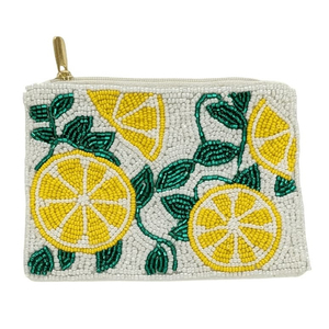 Pochette zippée brodée de motifs d'agrumes avec des tranches de citron jaunes vives et un motif de feuillage vert pour pièces de monnaie, maquillage et voyage - Product Image 2