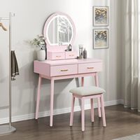 Coiffeuse moderne rose tendance avec panneau en bois, miroir éclairé sur pied et tabouret rembourré pour chambre et salon – Vente en gros