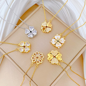 Kalung Hati Bersambung Trendy Liontin Semanggi Baja Titanium Berlapis Emas Rantai Link 2 Cara Pakai Perhiasan Kristal Penuh - Product Image 3