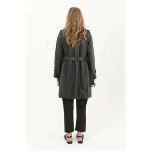 เสื้อโค้ทหนังสีดำสำหรับผู้หญิง สไตล์มินิมอล แขนยาว ผ้าทอ กันน้ำ แจ็คเก็ตตัวยาว - Product Image 1