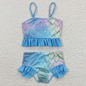 Traje de Baño de Dos Piezas para Bebés Niñas, Diseño de Sirena Princesa, Estampado de Escamas de Corazón, Bikini - Product Image 1
