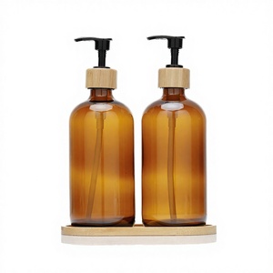 High Quality Frosted Brown 300ml Cylinder Shoulder Matte Amber Shampoo Lotion Glass <b>Pump</b> <b>Bottle</b> Bamboo Lid - Product Image 3