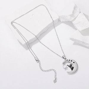 Silver Plated <b>Cat</b> On Moon Pendant <b>Necklace</b> With Cubic Zirconia And Blue Stone For Women's Everyday Wearing - Product Image 4