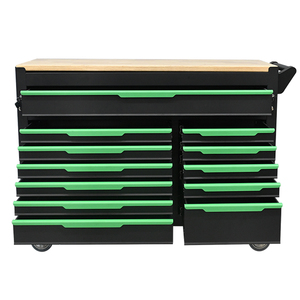 Premium Black and Green Rolling Tool Cabinet with 12 <b>Lockable</b> <b>Drawers</b> and Wooden Worktop for Garage Use - Product Image 5