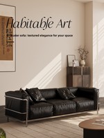 Canapé trois places en cuir véritable huilé noir vintage, style minimaliste italien Bauhaus, idéal pour petit appartement, salon, luxe discret
