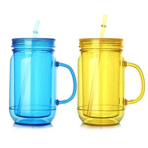 Custom Logo Colorful 16oz 17oz clear Plastic Double Wall Mason <b>Jug</b> Jar with Lid and Handle - Product Image 1