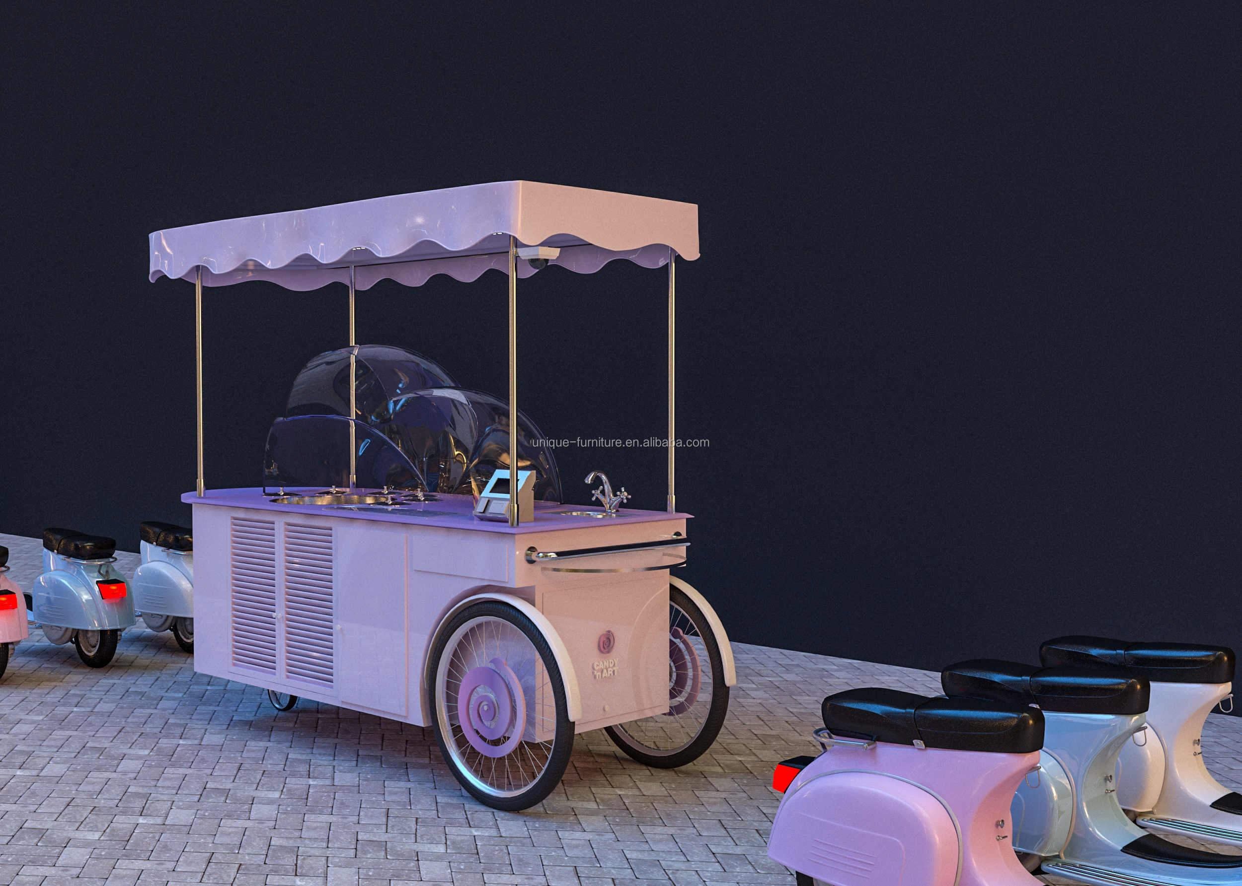 创意棉花糖果车和油炸冰淇淋便携式手推车手机车设计,零售甜味食品亭