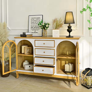 INNOVA Accent Farmhouse Style Solid Wood Kitchen Storage <b>Cabinet</b> with Arched Glass Door 4 Drawers for Home <b>Bar</b> & Living Room - Product Image 2