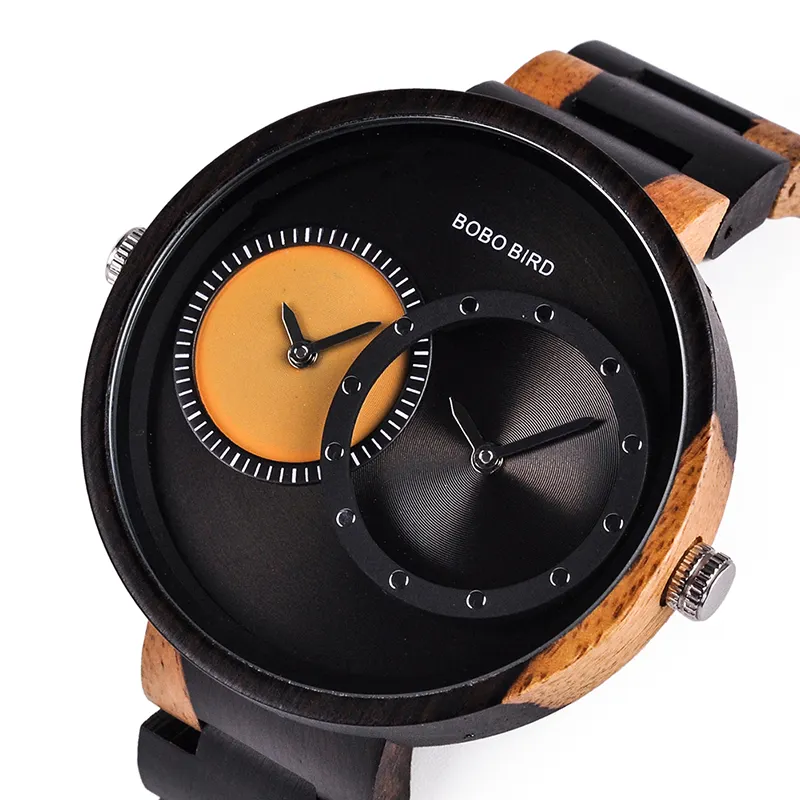 BOBO BIRD-Relojes de pulsera para hombre, de madera, de lujo, con zona horaria múltiple