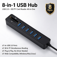 Hub USB 2.0 8 ports avec lecteur de carte SD TF, adaptateur multi-ports en métal pour PC, ordinateur portable, accessoires électroniques
