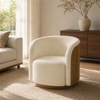Fauteuil d'appoint en tissu crème avec panneau latéral en bois cannelé et base ronde, rembourré, pour salon, chambre ou hôtel