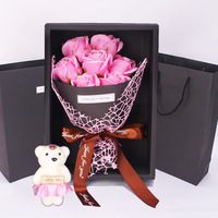 Fleur de savon artificielle, bouquet de roses rouges artificielles pour la Saint-Valentin, boîte cadeau avec ours en peluche, cadeau romantique pour petite amie
