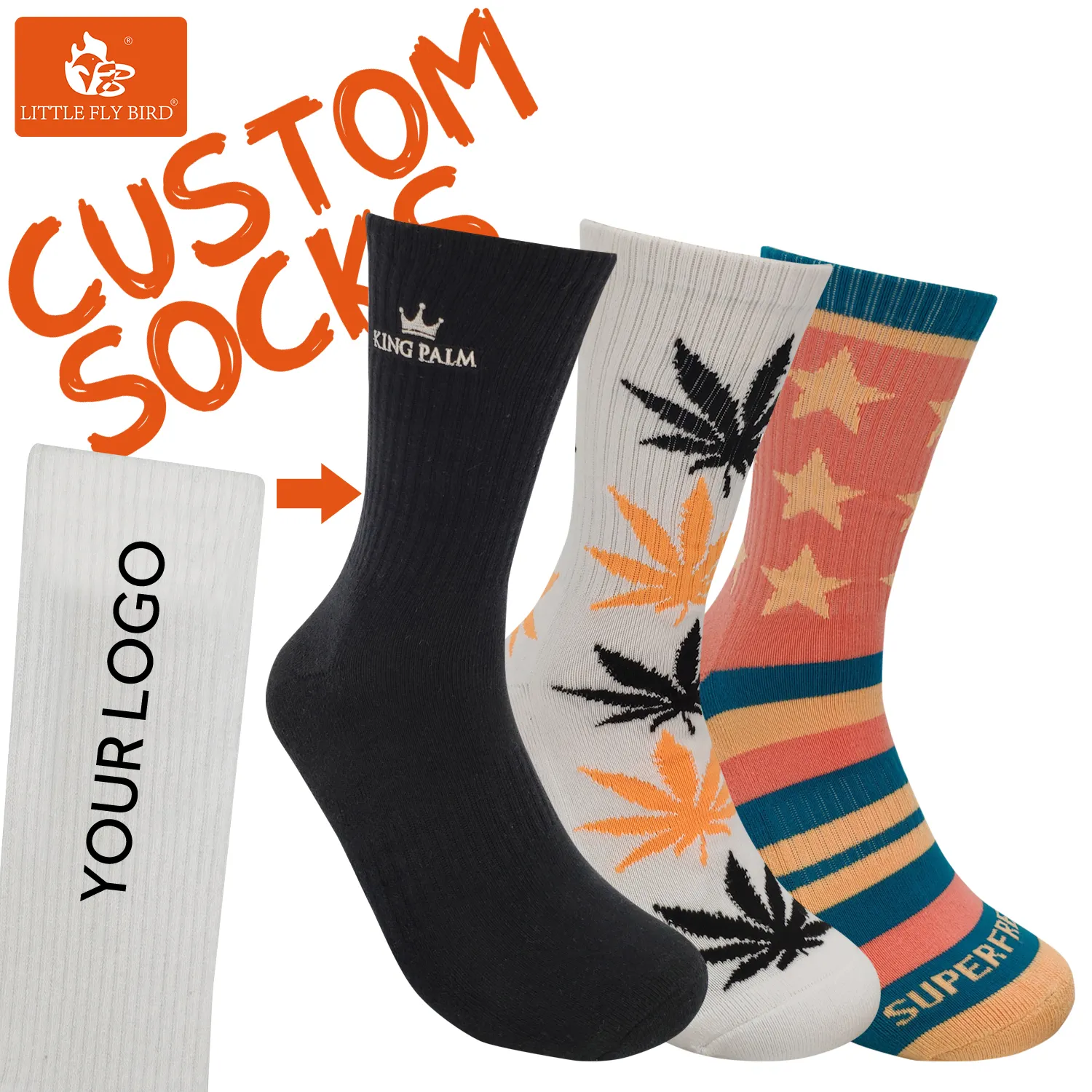 Oem Ontwerp Uw Eigen Fancy Novelty Borduren Sok Mannen Patroon Logo Chaussettes Aanpassen Katoen Unisex Crew Logo Sokken