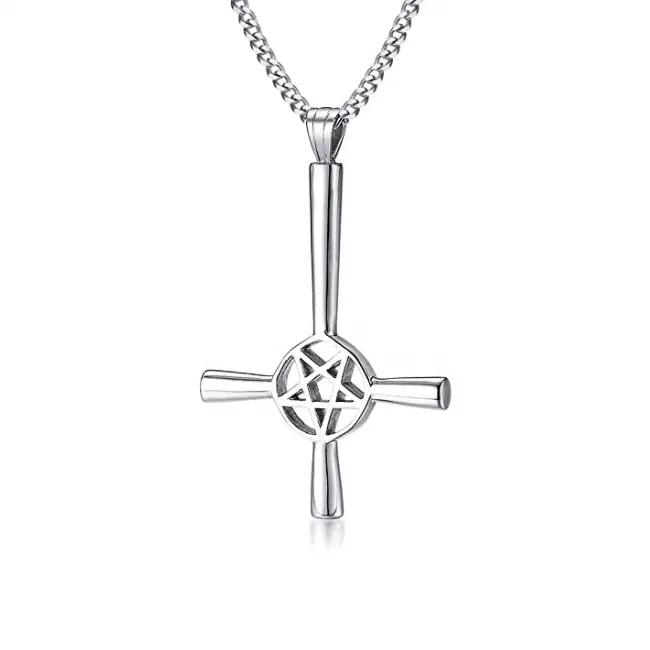 Men Cross Jewelry Wholesale Custom Fashion Stainless Steel Large Satanic Star Satan Inverted Cross Pendant Necklace