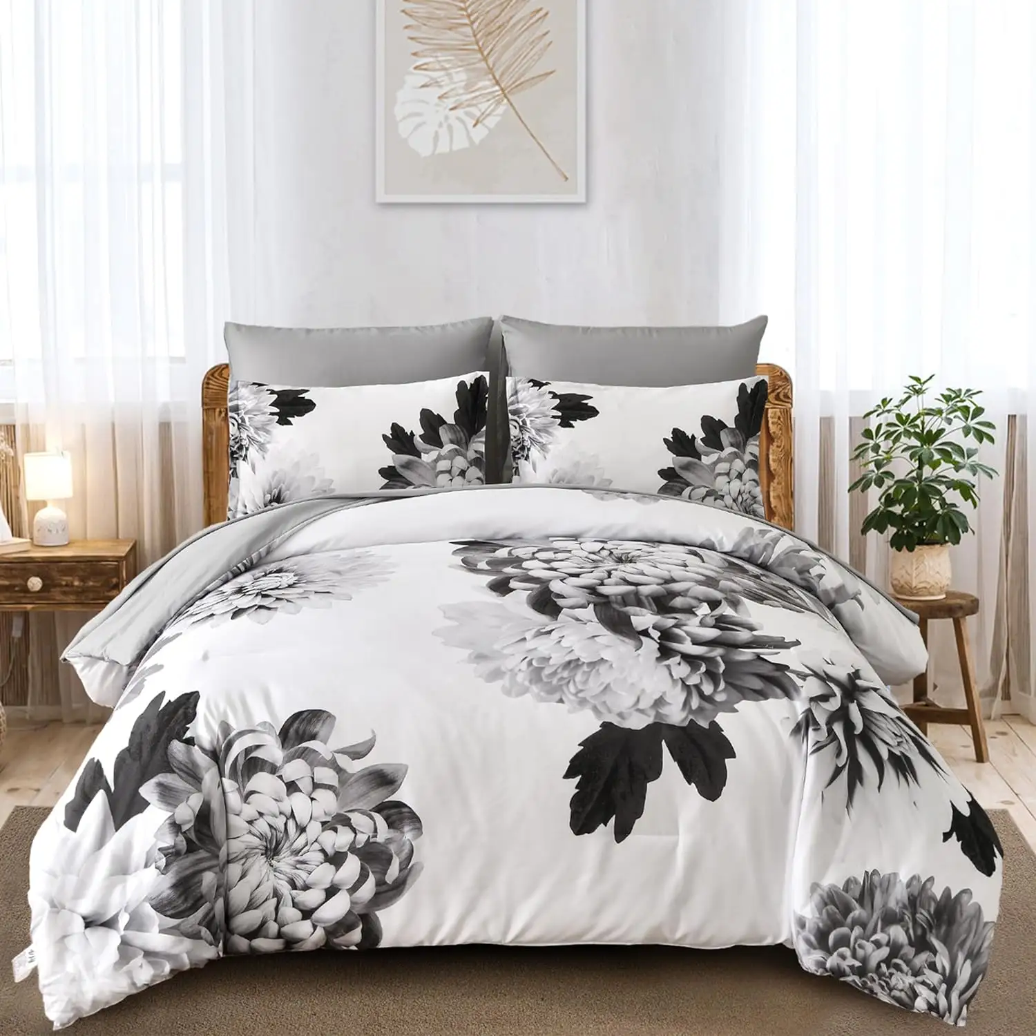 7 Piece Floral Grey Comforter Set With Flower Print Microfiber Comforter Bedding Set For All Season