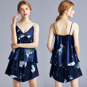 Stylish Elegant Satin Pajama Set Exquisite Prints <b>Spaghetti</b> <b>Strap</b> Camisole Shorts Elastic Waist Quick Dry Smooth Ultimate - Product Image 3