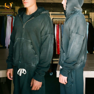 Sweat à capuche de haute qualité en coton 100% avec effet délavé à l'acide, fermeture éclair et broderie vieillie - Product Image 2