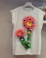 Mode couleur bloc Streetwear printemps été Patchwork perles florales Sexy T-Shirt à manches courtes haut pour femme à la mode haut court