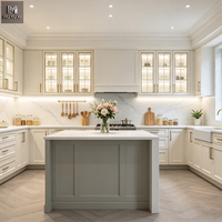 Armoires de cuisine modernes de style Shaker en bois massif sur mesure, armoires de cuisine de luxe gris bleu avec îlot central en bois