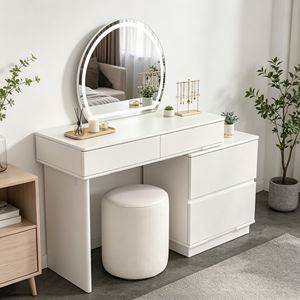 Juego de tocador extensible blanco mate liso con espejo LED redondo, cómoda lateral y taburete cilíndrico a rayas para dormitorio - Product Image 5