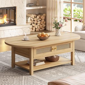 Đồ Nội Thất Phòng Khách Giữa Thế Kỷ Phong Cách Ánh Sáng Sồi Hình Bầu Dục Bàn Cà Phê Với Cửa Mây Và Mở Lưu Trữ Kệ - Product Image 2