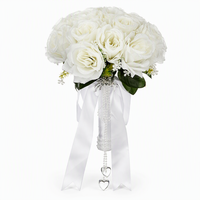 Bouquet de Mariage Artificiel en Satin Blanc avec Strass, Perles et Roses Artificielles, Fleur à Main pour Cérémonie, Accessoire de Robe