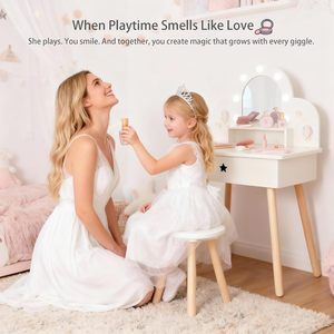 Wooden Pretend Play Makeup <strong>Table</strong> with 11 Accessories White Kids Vanity Set for Girls with Adjustable Brightness Light Mirror - Product Image 6