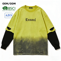 T-shirts à manches longues pour hommes, style graffiti double couche, effet vieilli, streetwear premium, 100% coton, collection Printemps US