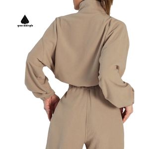 Felpa da <span class=keywords><strong>donna</strong></span> in <span class=keywords><strong>cotone</strong></span> verde con cerniera a 1/4, collo alto, casual, taglie forti, modello crop - Product Image 4