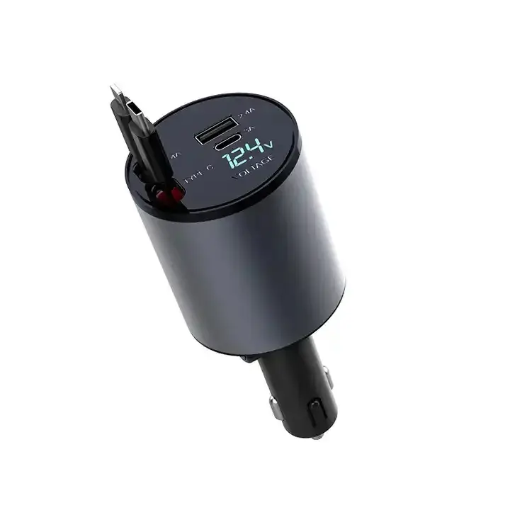 Hot Fast USB C Cargador de coche retráctil Pantalla digital LED Puerto tipo C Teléfono móvil Universal 4 en 1 PD Cargador de coche