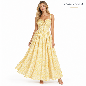 Abito midi da donna alla moda con volant, spalline e stampa floreale, vita arricciata, linea ad A, stile bohémien per vacanze e spiaggia - Product Image 2