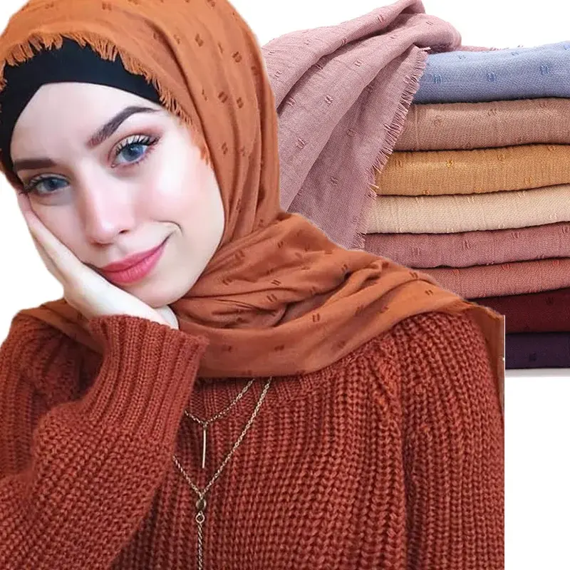 Luxury Pom Pom Cotton Hijab Crinkle Women Solid Muslim Scarf Muffler Shawls Pashmina Wrap Hijab Scarves Headscarf
