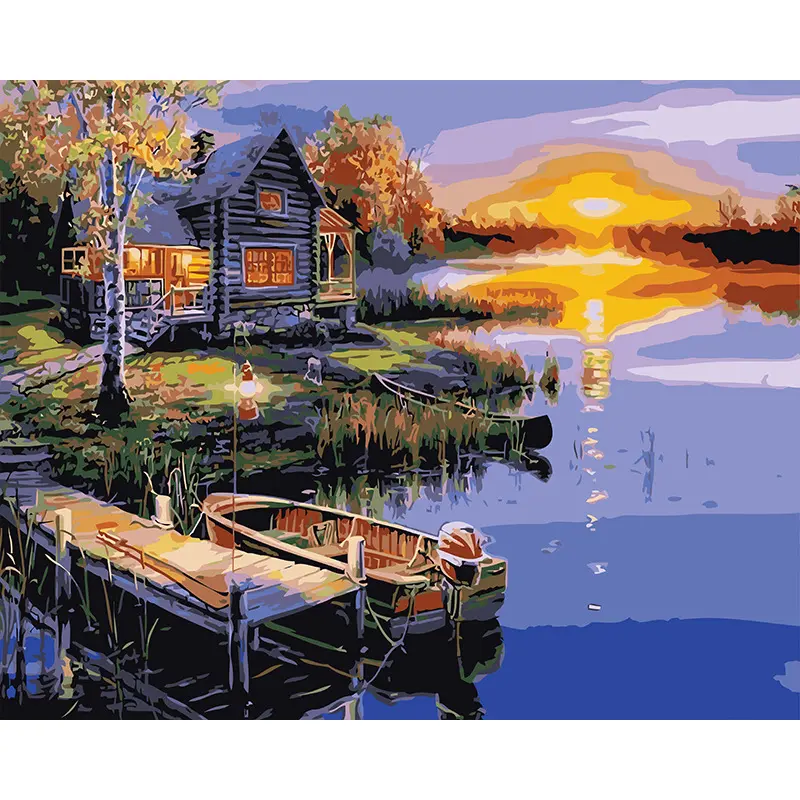 Popular Custom Handmade Oil Painting House DIY Canvas Paint Kit Landscape Painting By Numbers